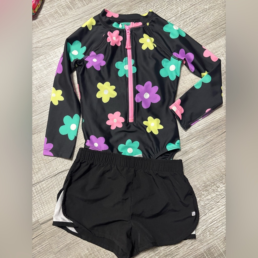 Floral Kids Swim Set - Black with Multicolor Flowers
